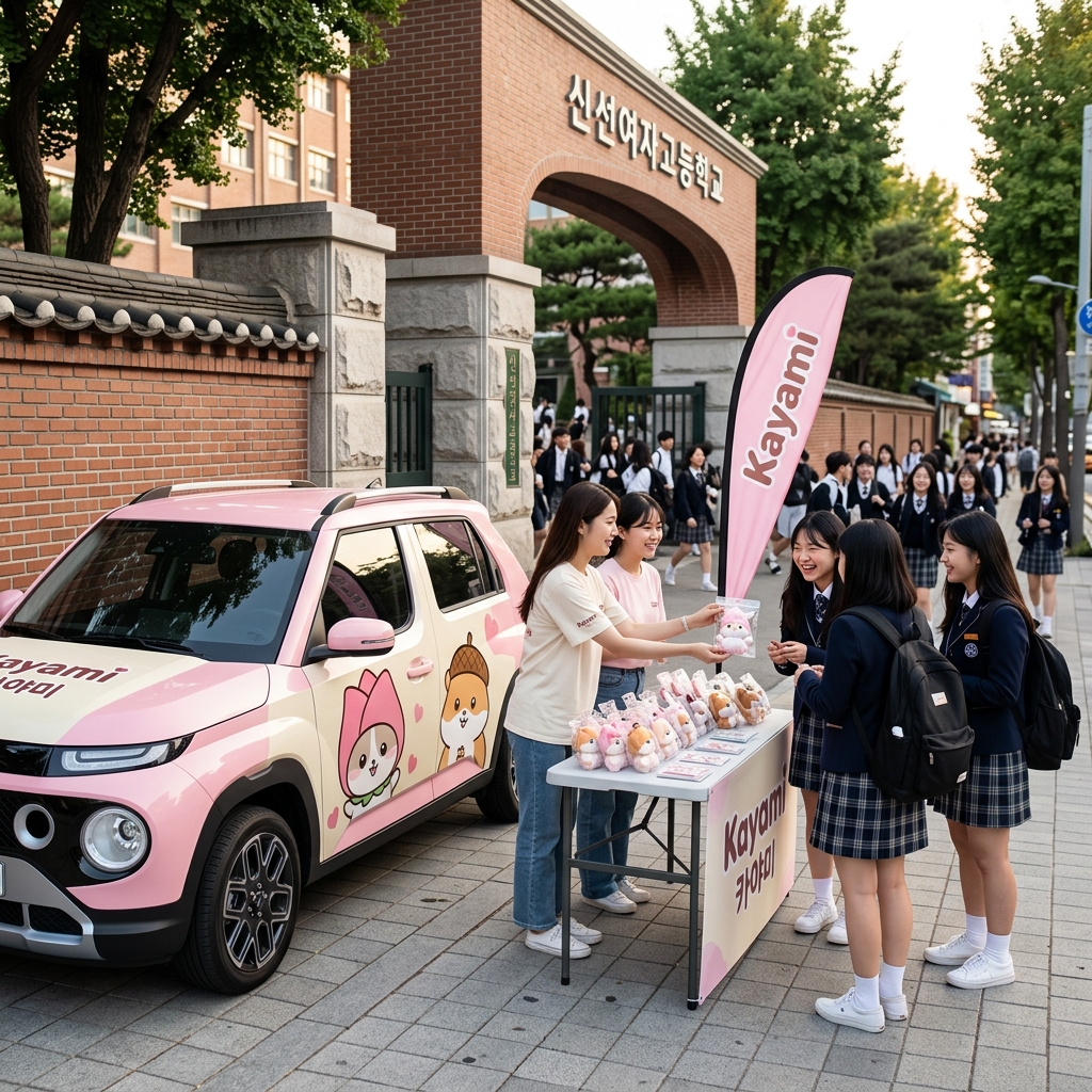 신선여고 정문 앞 카야미 풀 래핑 캐스퍼 마케팅 차량 및 키링 배포 현장